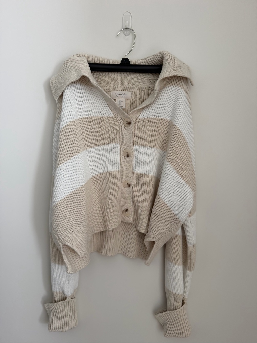 JESSICA SIMPSON - Striped Collared Button-Up Sweater Beige & White - Women’s M